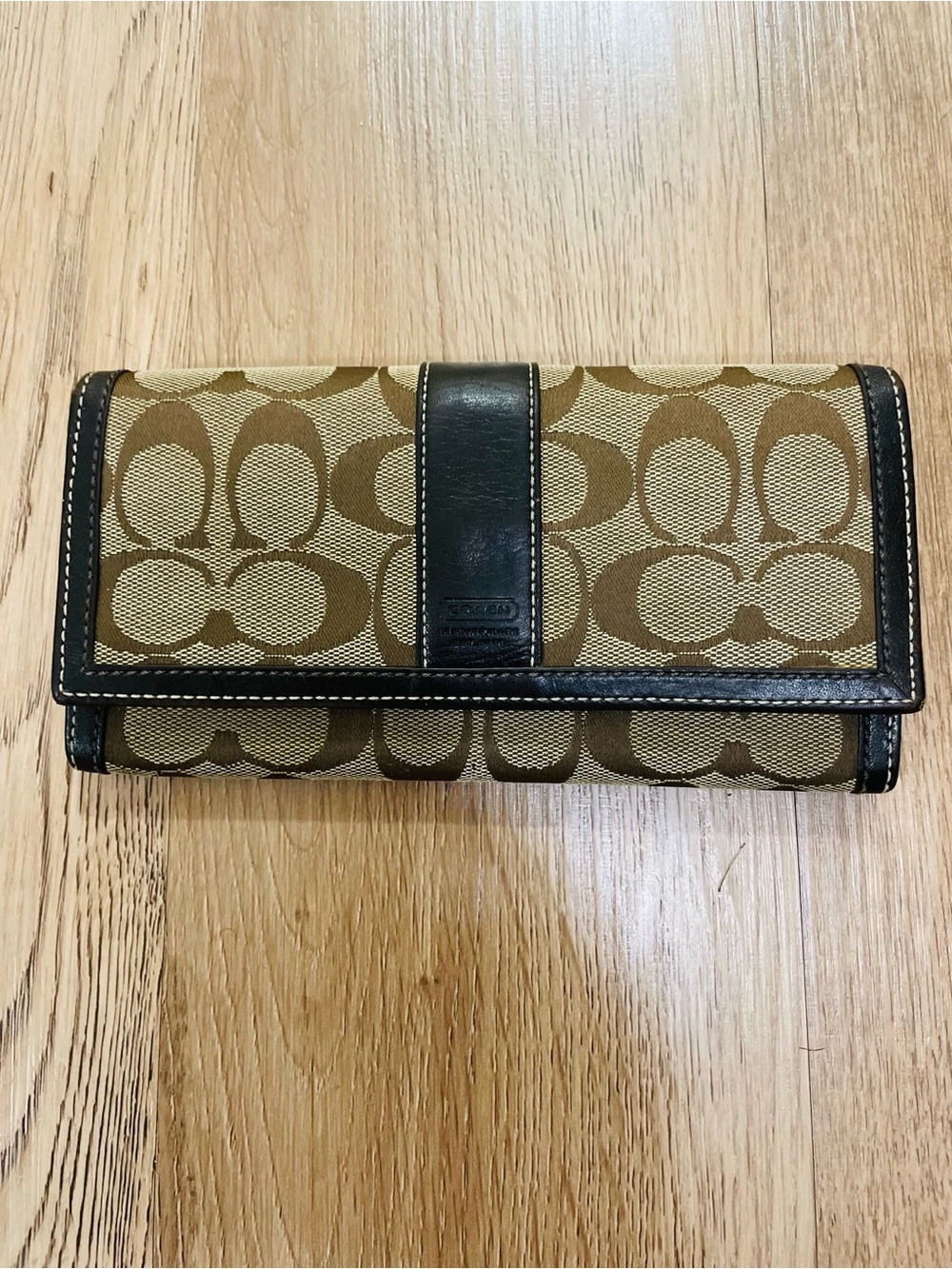 Coach Signature Stripe Checkbook Wallet Brown Khaki Black Leather Trim